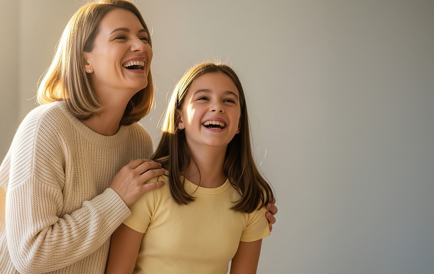 Mother and daughter laughing together in sunlight.