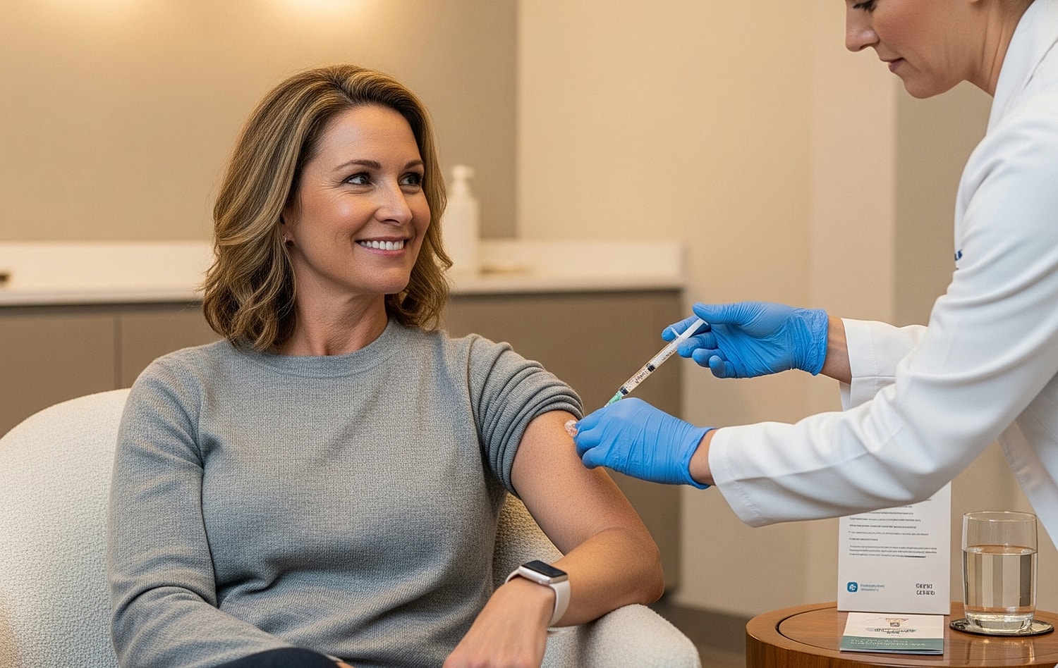Patient receiving a vaccination in a healthcare setting.